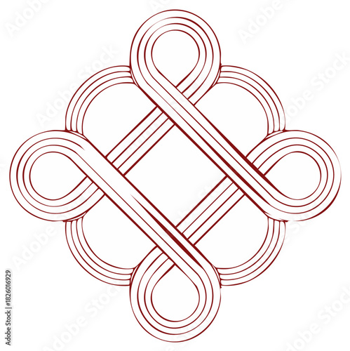 Mystic knot vector illustration, endless knot maroon lines, Tibetan Buddhist symbol design