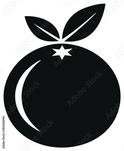 A simple black and white vector illustration of an orange with leaves and a star shape on top, healthy fruit