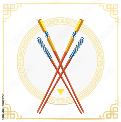 Traditional Asian chopsticks crossed with golden geometric pattern circle and decorative frame, food culture illustration.