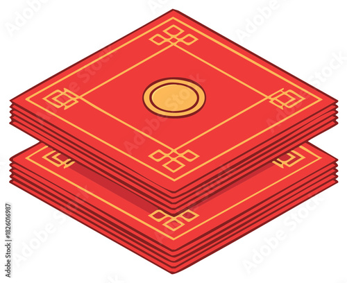 Stack of Red Envelopes with Gold Ornaments and Emblem