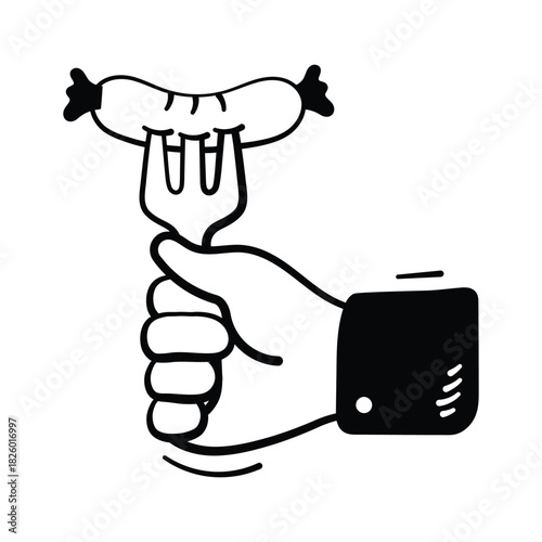 Tasty grilled sausage on fork, barbecue, food festivals, and parties