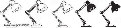 Set of five adjustable desk lamps in various styles, including detailed outlined and solid black versions, perfect for design elements, icons Vector