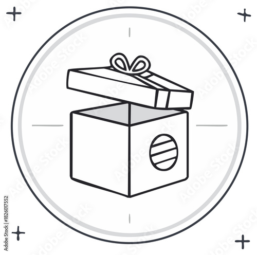 Graphic illustration of an opened gift box with a bow in a circle and crosshairs