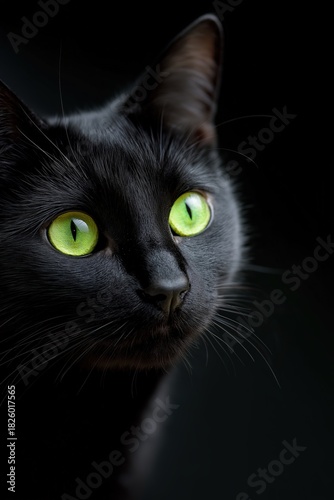 Elegant black cat portrait with striking green eyes, detailed fur, sleek appearance, captivating feline expression, and high-quality animal photography