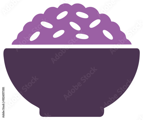 Stylized purple bowl filled with white rice grains illustration