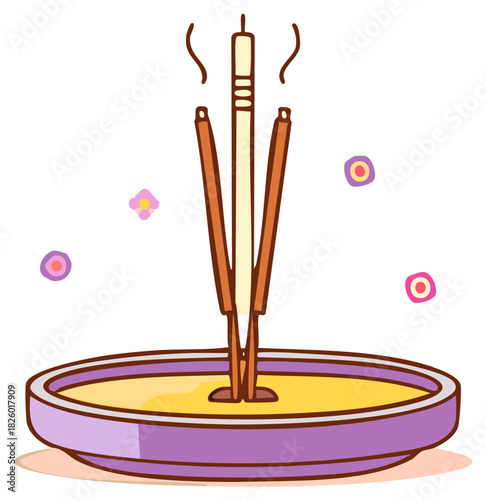 Burning Incense Sticks with Smoke in Purple Bowl and Flowers Simple Illustration