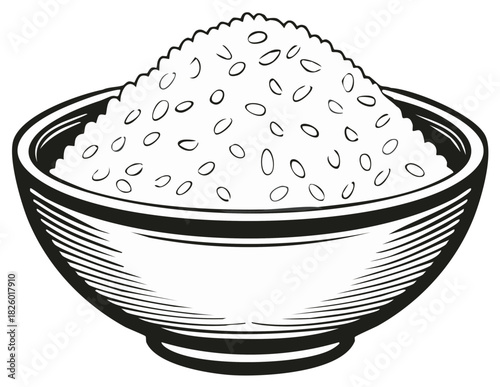 Engraved style black and white vector illustration of a traditional bowl filled with a heap of fresh rice