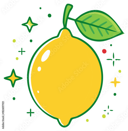 Cartoon illustration of a lemon with sparkles, green leaf and stem.