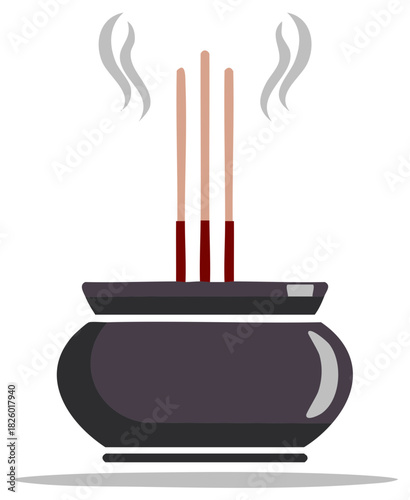 Incense burner with three incense sticks and smoke, minimalistic graphic illustration