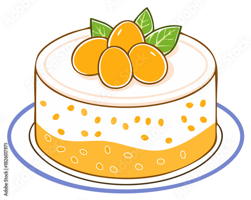 Cartoon illustration of a decorated cake with orange fruits and green leaves on top