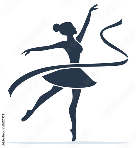 Elegant ballerina dances with a flowing ribbon in graceful pose, silhouette of figure in motion illustration.