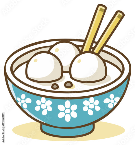 Tangyuan in a floral ceramic bowl with chopsticks, a traditional Chinese dessert or snack illustration
