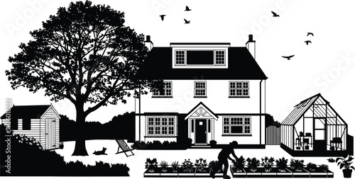 house, garden, greenhouse, tree, shed, cat, lounge, person, silhouette, black, white, illustration, design, nature, outdoor, peaceful, domestic, lifestyle, backyard, home