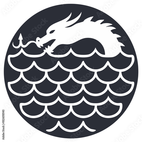Mythical dragon creature emerging from ocean waves in a stylish iconic black circular design