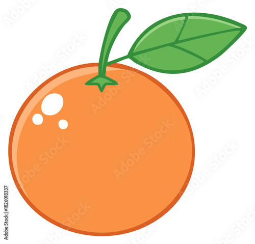 Vibrant cartoon orange with green leaf isolated on white background, a fresh fruit