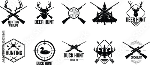 hunting, logo, emblem, badge, silhouette, deer, duck, rifle, crosshair, forest, shield, outdoor, wildlife, sport, black, white, illustration, design, vintage, club