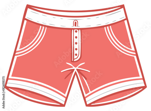 Illustration of red cartoon shorts with white accents and button detail.