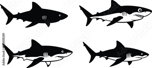 Collection of cartoon shark silhouettes with expressive faces and dynamic swimming poses, bold ocean predator vector illustration set for designs