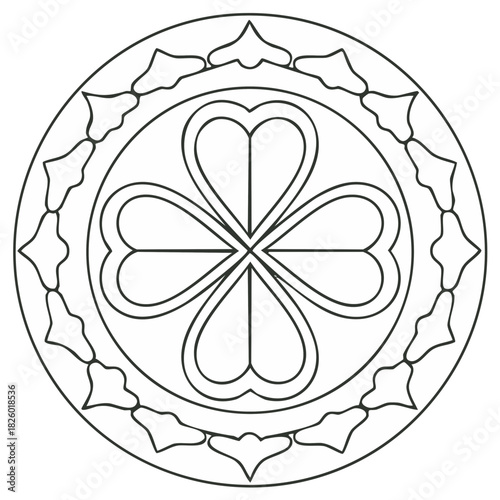 Abstract Line Art Shamrock Flower Circle Design with Ornamental Edge Petals, Decorative St Patricks Day Motif