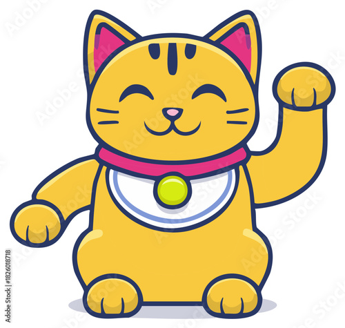 Cute Yellow Maneki Neko Cat with Raised Paw Bringing Good Fortune and Luck Cartoon Icon Illustration