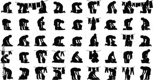 laundry, washing, clothes, silhouette, woman, bucket, wringing, hanging, line, domestic, work, black, white, illustration, design, repetitive, cycle, manual, labor, chore