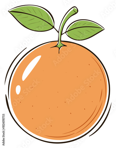 Cartoon illustration of fresh orange fruit with green leaves and stem