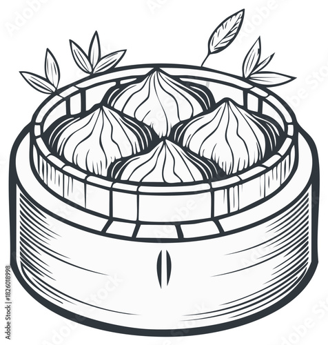 Line Art Illustration of Freshly Steamed Asian Dumplings in a Bamboo Steamer Basket
