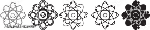 Abstract graphic illustration showcasing a diverse set of five detailed atomic structure icons, symbolizing scientific research and innovation designs Vector