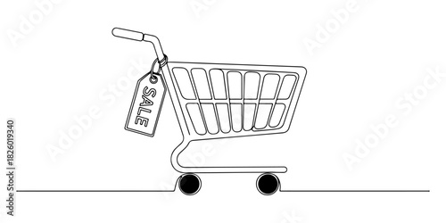 Continuous one line of a cart with a sale tag, symbolizing seasonal sales, marketing promotions, and ecommerce growth, drawn vector illustration.