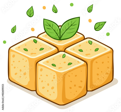 Cartoon Illustration of Tofu Cubes with Herbs