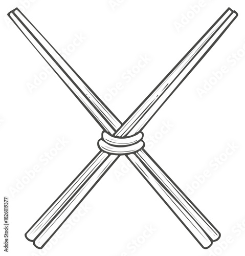Two pairs of Asian chopsticks crossed and tied together vector line art illustration