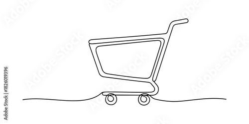 Continuous one line of a shopping cart, symbolizing online shopping, digital commerce, and consumer convenience, hand drawn vector illustration.