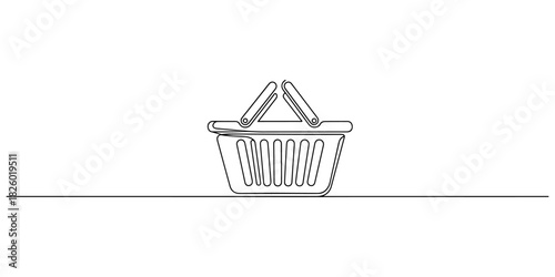 Continuous one line of a shopping basket with sleek contours, representing online orders, product selection, and retail activity, drawn vector illustration.