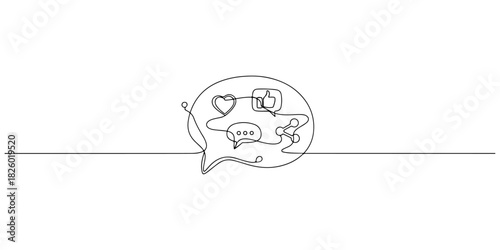 Continuous one line of a social media notification bubble, representing engagement, brand presence, and online influence, drawn vector illustration.