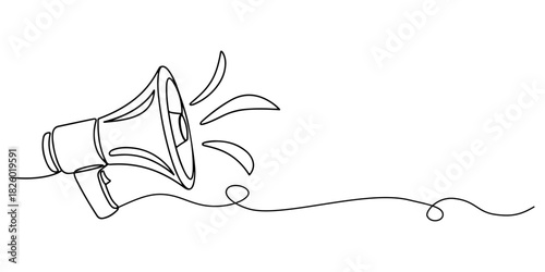 Continuous one line of a megaphone with dynamic curves, symbolizing marketing campaigns, communication, and audience reach, drawn vector illustration.