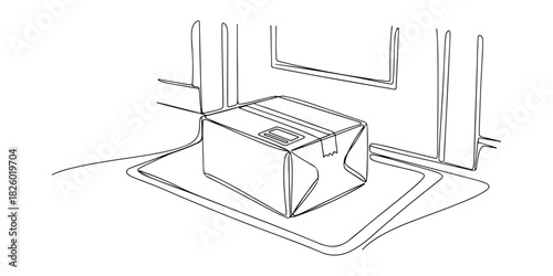 Continuous one line of a store package being delivered to a doorstep, representing ecommerce fulfillment, customer service, and delivery efficiency, drawn vector illustration.