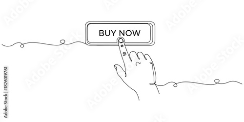 Continuous one line of a hand clicking a “Buy Now” button, symbolizing conversion, ecommerce engagement, and user action, drawn vector illustration.