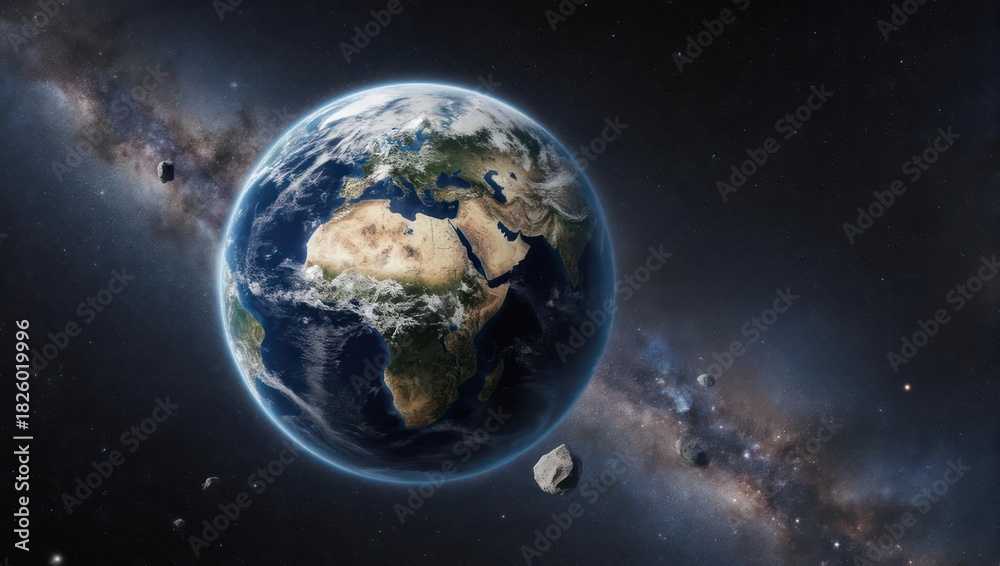 Naklejka premium Earth in space, detailed view of continents, milky way, asteroids