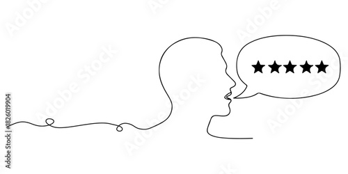 Continuous one line of a customer review with star ratings, symbolizing trust, feedback, and reputation building, drawn vector illustration.