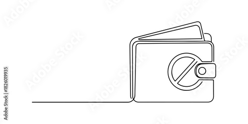 Continuous one line of a digital wallet icon, symbolizing cashless payments, financial tech, and seamless online transactions, drawn vector illustration.