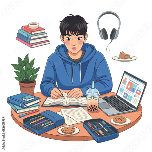 Student studying at desk with laptop, books, headphones, and boba tea