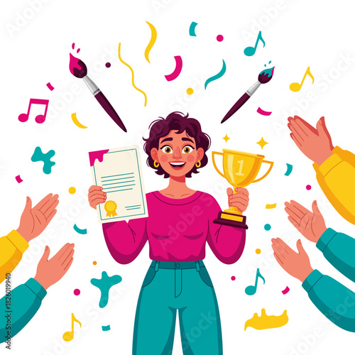 Joyful young woman celebrating creative achievement with first place trophy and certificate