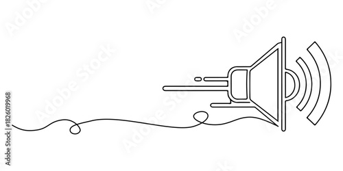 Continuous one line of a loudspeaker symbol with motion lines, representing digital advertising, announcements, and targeted outreach, drawn vector illustration.