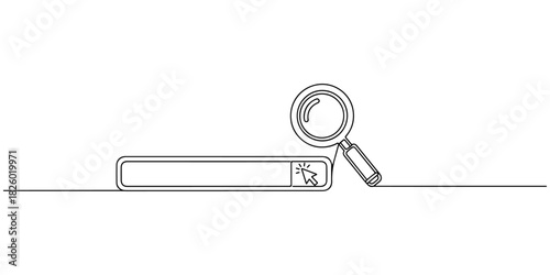 Continuous one line of a search bar with a magnifying glass, symbolizing SEO, product discovery, and digital visibility, drawn vector illustration.