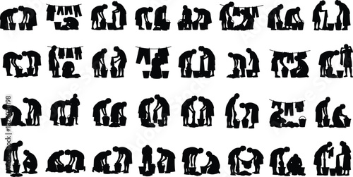 people, silhouette, interaction, teamwork, helping, gesture, black, white, illustration, design, posture, movement, sequence, action, support, communication, relationship, pair, concept, visual