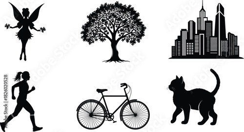 Silhouette collection featuring fairy, tree, city skyline, running woman, bicycle, and cat in bold black vector style for creative design