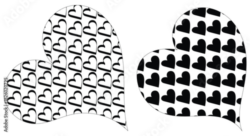 Black and white repeating heart pattern design, Minimal monochrome heart motif repeating pattern, Creative black heart silhouette pattern background
