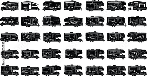 RV, camper, trailer, motorhome, silhouette, travel, vehicle, van, black, white, illustration, design, outdoor, camping, mobile, transport, icon, graphic, vacation, road