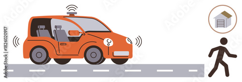 Orange self-driving car halting for a pedestrian crossing, showcasing radar, sensors, and connectivity. Ideal for innovation, mobility, smart city, safety technology AI automation. Simple flat