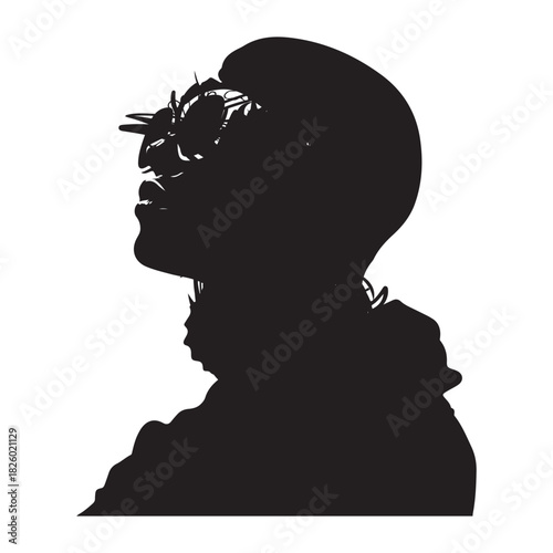 Profile silhouette of a person looking upwards with distinct hairstyle and hooded sweatshirt